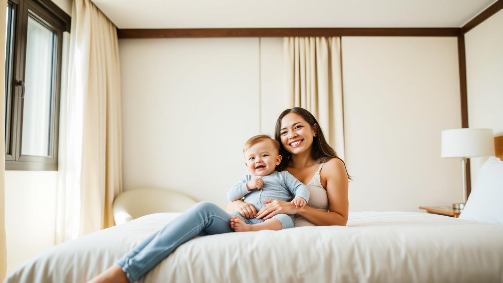 Mãe e bebê descansando em quarto de hotel em Fortaleza